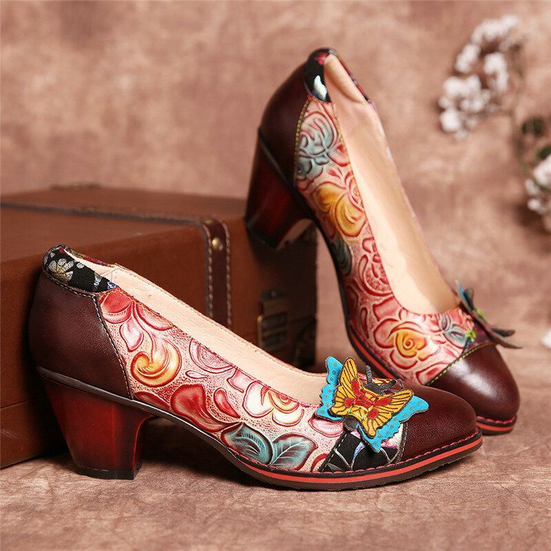 Dames Vintage Vlinder Reliëf Bloemen Lederen Splicing Stiksels Slip-on Chunky Heel Pumps