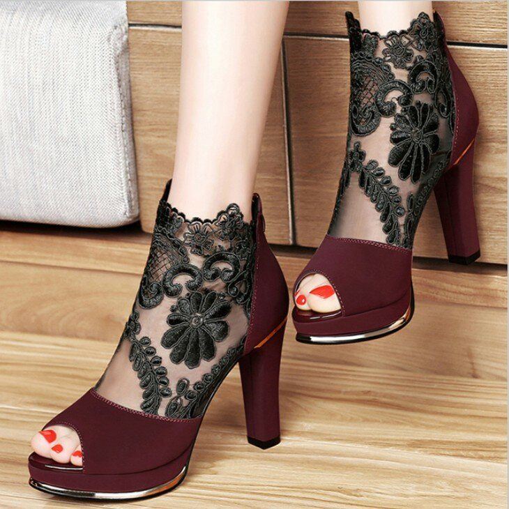 Dames Zwart Mesh Lace Peep Toe Hoge Hak Pumps