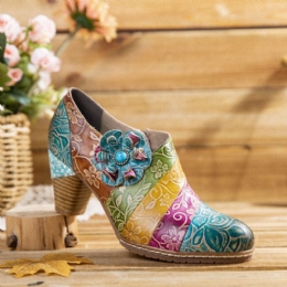 Damesschoenen Met Retro Bloemenleren Splitsen En Hakken Met Dikke Hak En Schoenen