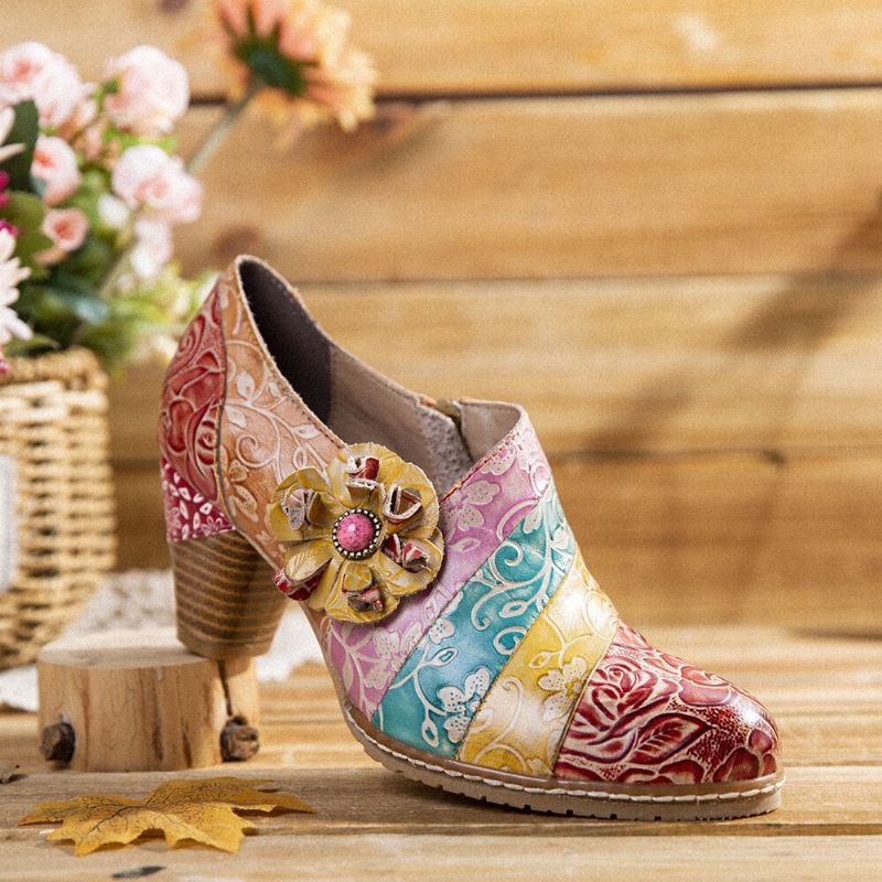 Damesschoenen Met Retro Bloemenleren Splitsen En Hakken Met Dikke Hak En Schoenen