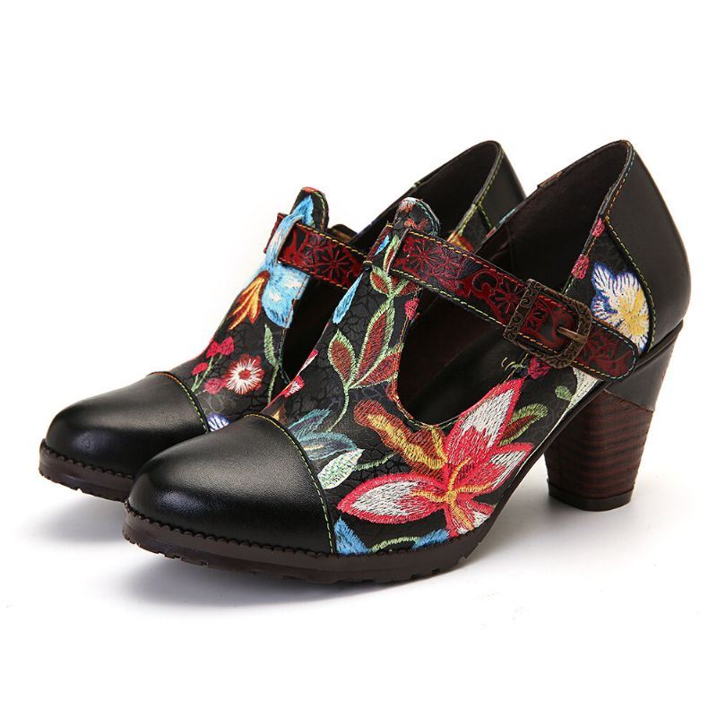 Folkways Kleurrijke Bloemen Stiksels Echt Leer Retro T-band Jurk Pumps Voor Dames