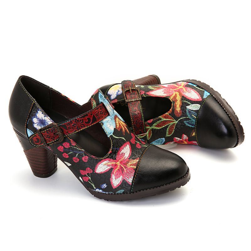 Folkways Kleurrijke Bloemen Stiksels Echt Leer Retro T-band Jurk Pumps Voor Dames