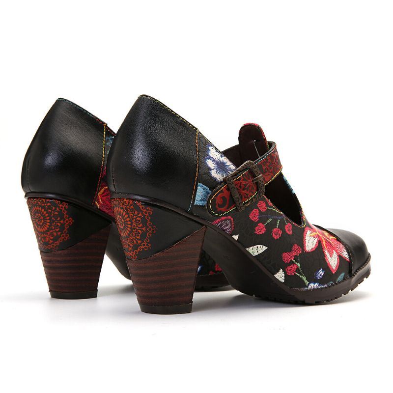 Folkways Kleurrijke Bloemen Stiksels Echt Leer Retro T-band Jurk Pumps Voor Dames