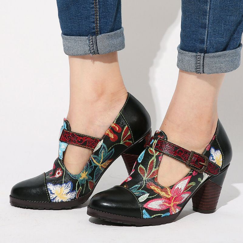 Folkways Kleurrijke Bloemen Stiksels Echt Leer Retro T-band Jurk Pumps Voor Dames