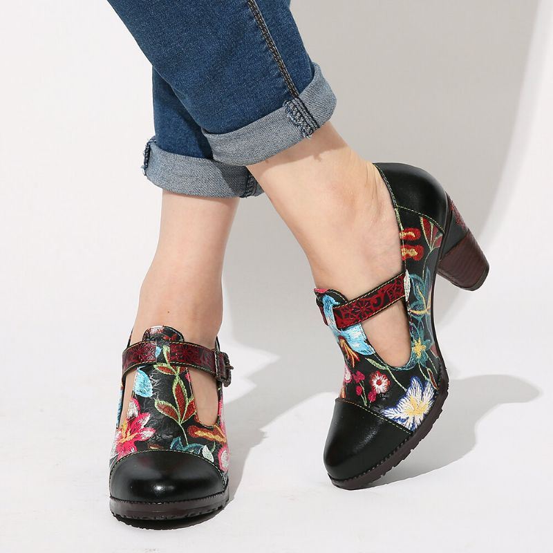 Folkways Kleurrijke Bloemen Stiksels Echt Leer Retro T-band Jurk Pumps Voor Dames