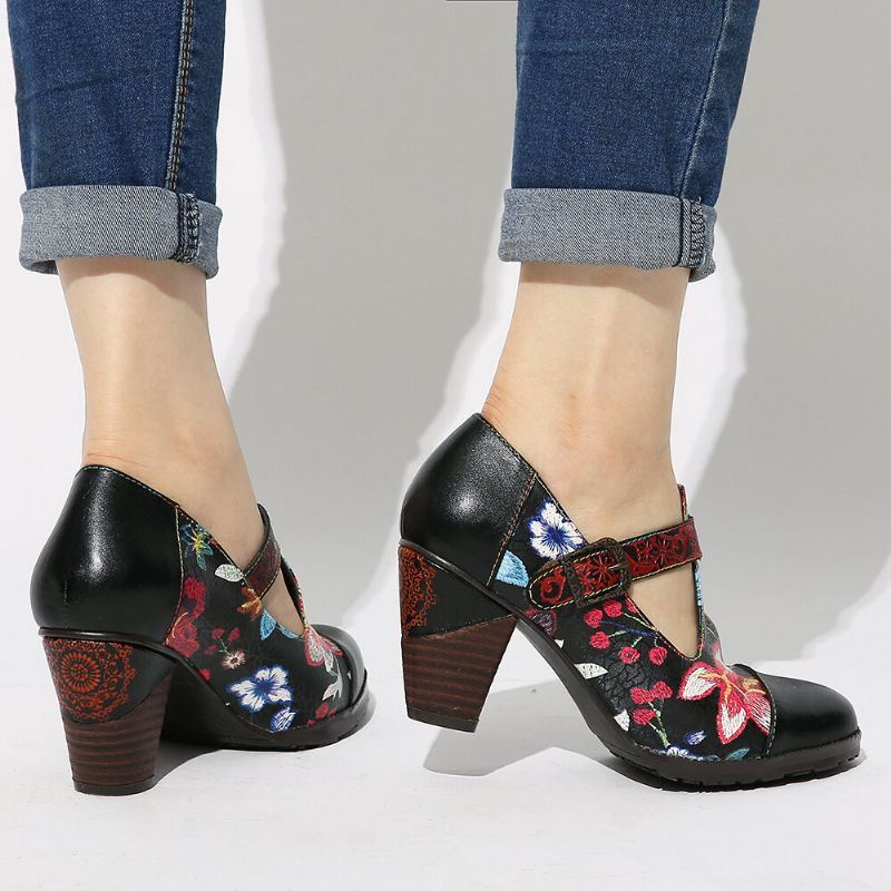 Folkways Kleurrijke Bloemen Stiksels Echt Leer Retro T-band Jurk Pumps Voor Dames