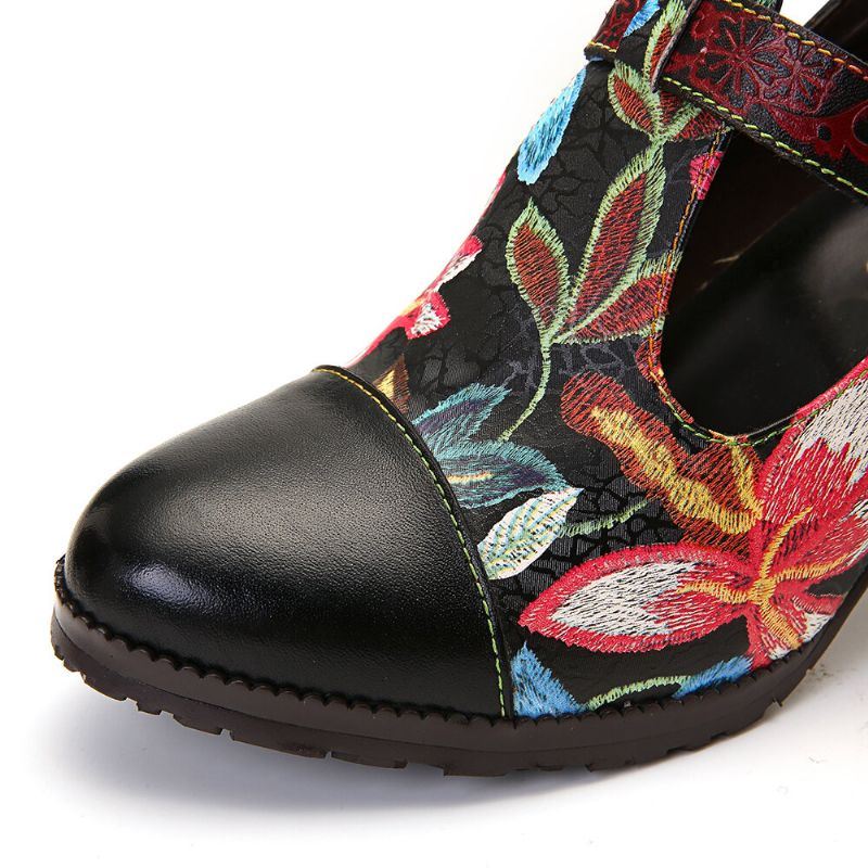 Folkways Kleurrijke Bloemen Stiksels Echt Leer Retro T-band Jurk Pumps Voor Dames