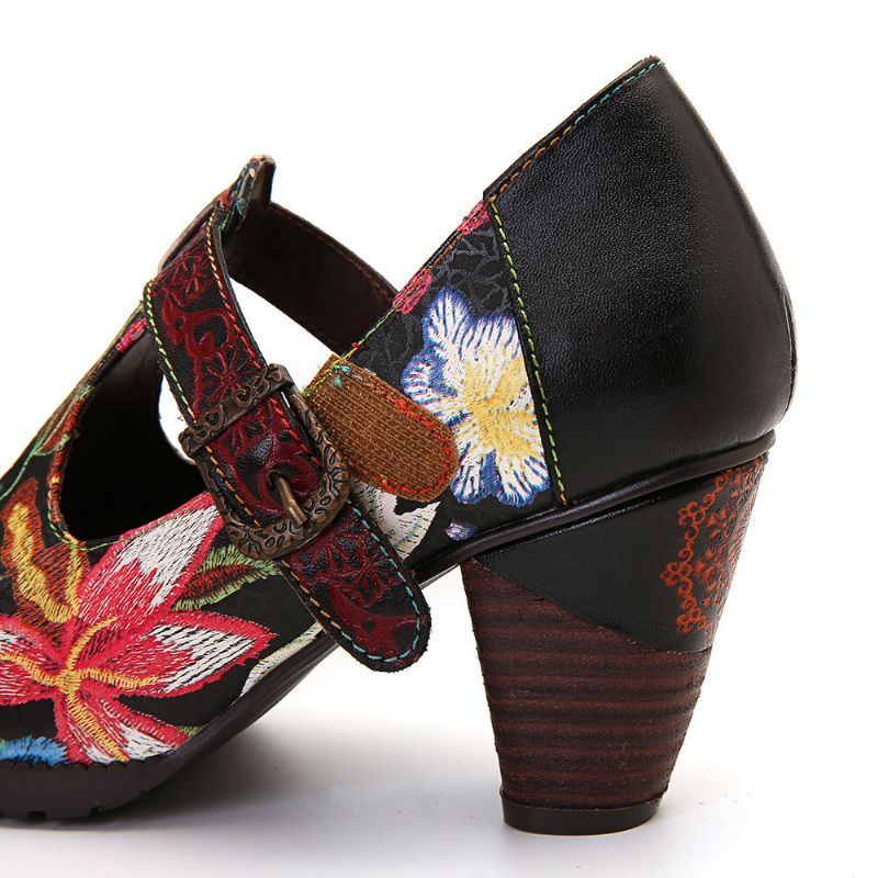 Folkways Kleurrijke Bloemen Stiksels Echt Leer Retro T-band Jurk Pumps Voor Dames