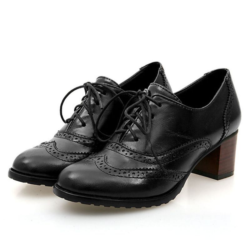 Grote Maat Dames Lace-up Comfortabele Retro Oxfords Hakken