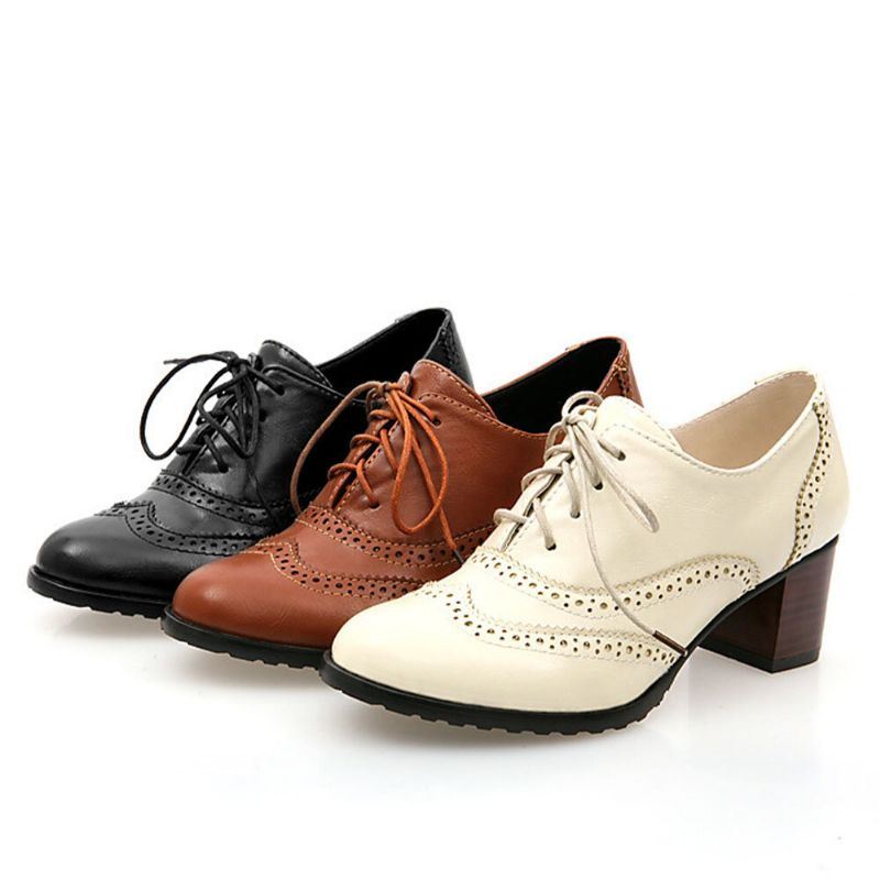 Grote Maat Dames Lace-up Comfortabele Retro Oxfords Hakken