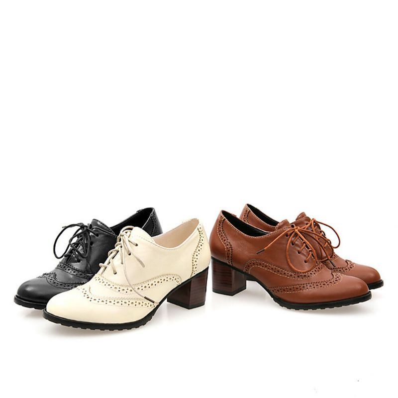 Grote Maat Dames Lace-up Comfortabele Retro Oxfords Hakken