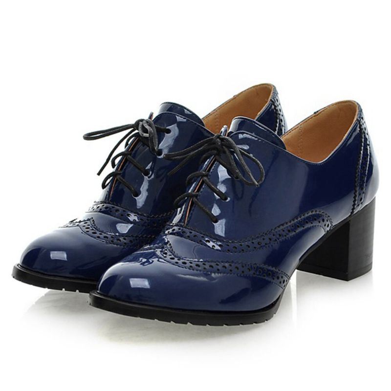 Grote Maat Dames Veterschoenen Comfortabele Retro Glanzende Oxford Hakken