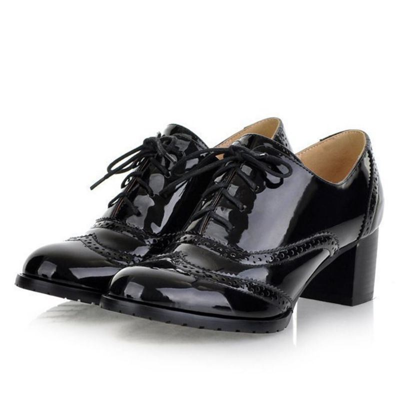 Grote Maat Dames Veterschoenen Comfortabele Retro Glanzende Oxford Hakken