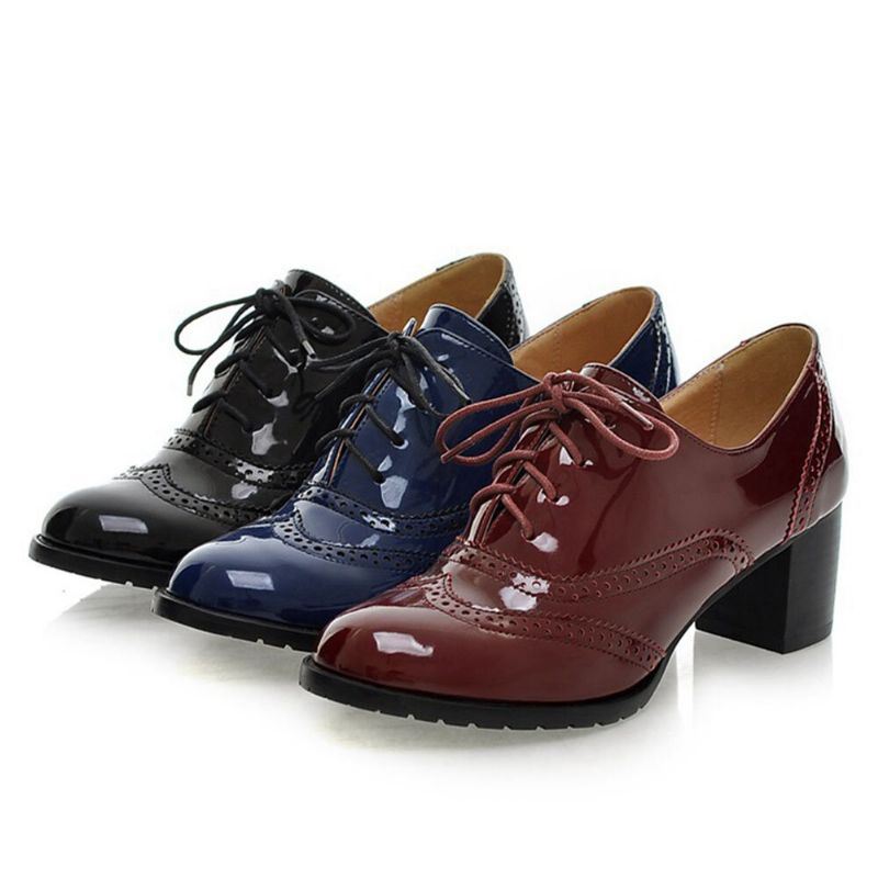 Grote Maat Dames Veterschoenen Comfortabele Retro Glanzende Oxford Hakken