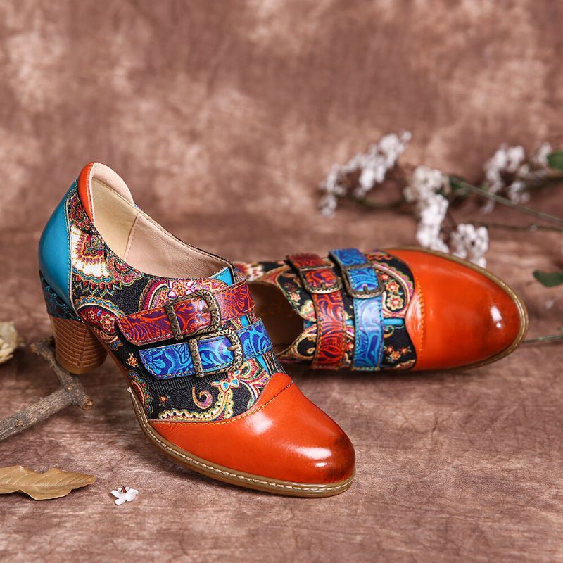 Retro Echt Lederen Folkways Pumps Met Klittenbandsluiting En Dikke Hak Voor Dames