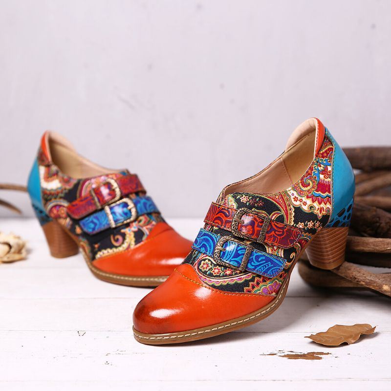 Retro Echt Lederen Folkways Pumps Met Klittenbandsluiting En Dikke Hak Voor Dames