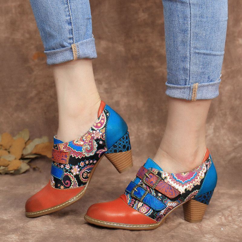 Retro Echt Lederen Folkways Pumps Met Klittenbandsluiting En Dikke Hak Voor Dames