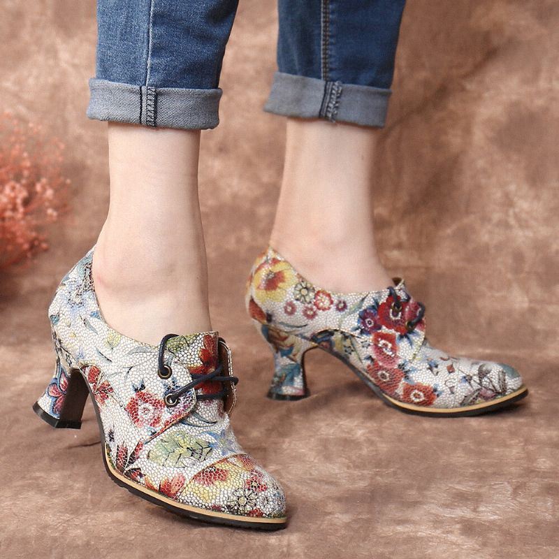 Verse Natuurlijke Bloemen Bladeren Gedrukt Comfortabele Draagbare Chunky Hak Dames Casual Lace Up Pumps