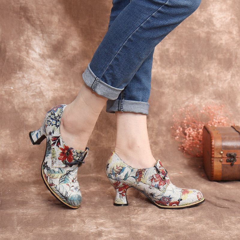 Verse Natuurlijke Bloemen Bladeren Gedrukt Comfortabele Draagbare Chunky Hak Dames Casual Lace Up Pumps