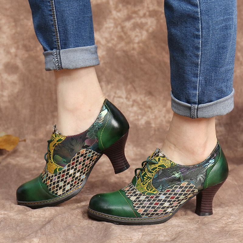 Vintage Lederen Bloemen Geruite Splitsen Veterschoenen Groene Chunky Heel Pumps