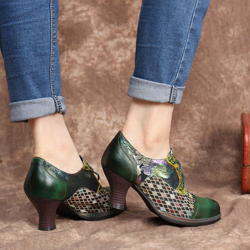 Vintage Lederen Bloemen Geruite Splitsen Veterschoenen Groene Chunky Heel Pumps