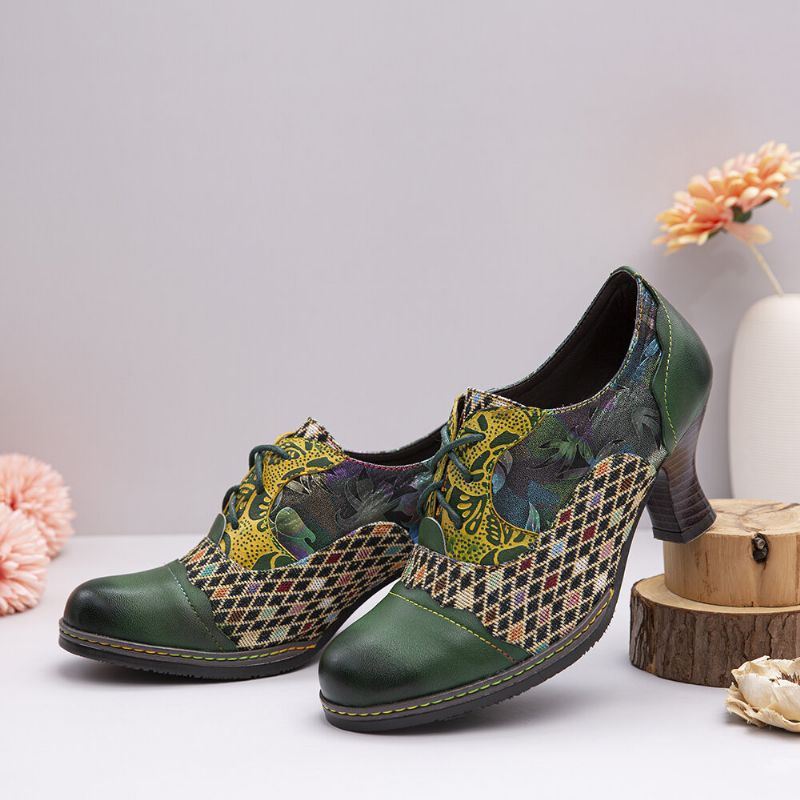 Vintage Lederen Bloemen Geruite Splitsen Veterschoenen Groene Chunky Heel Pumps