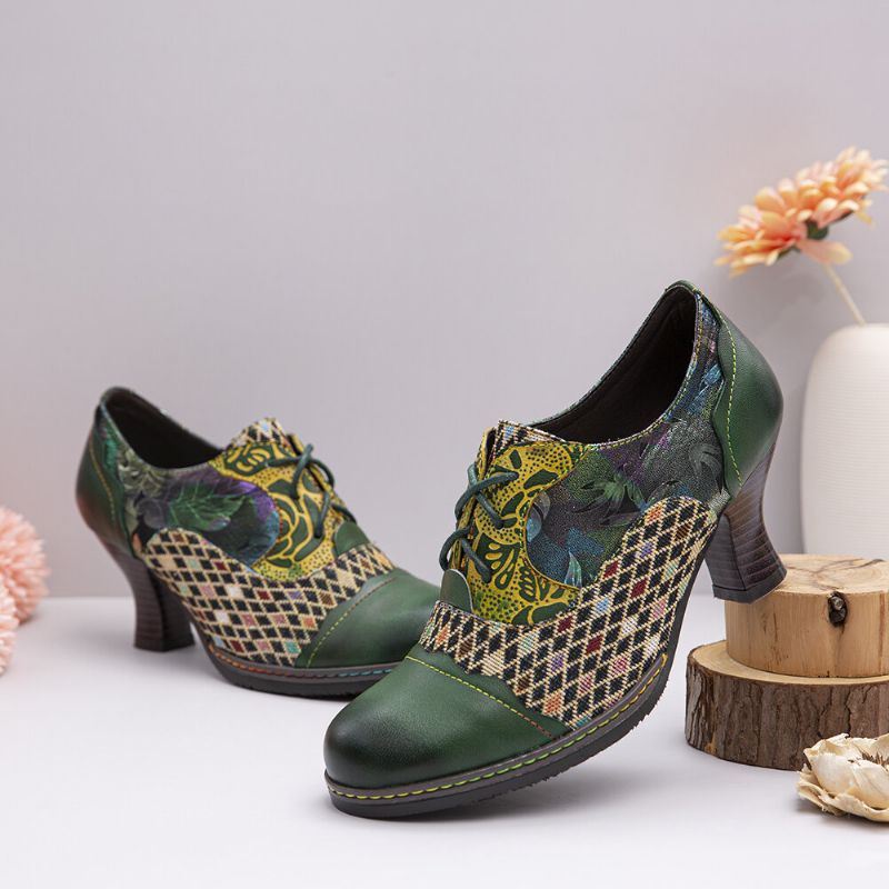 Vintage Lederen Bloemen Geruite Splitsen Veterschoenen Groene Chunky Heel Pumps