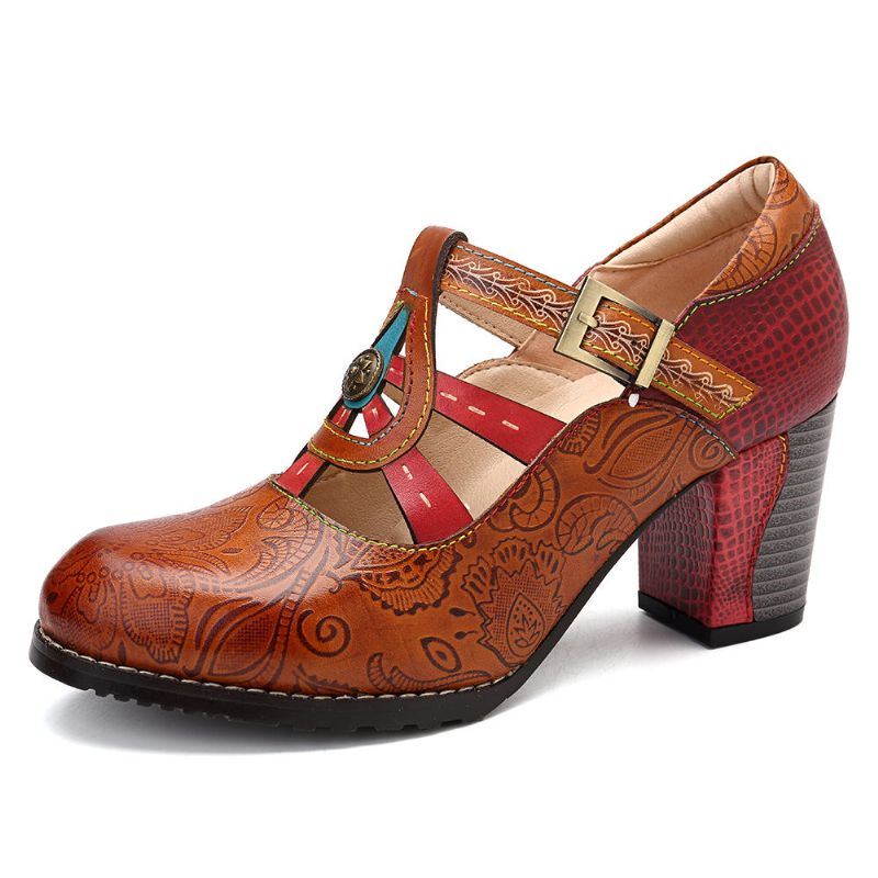 Vintage Uitgeholde Leren Pumps Met Dikke Hak Voor Dames