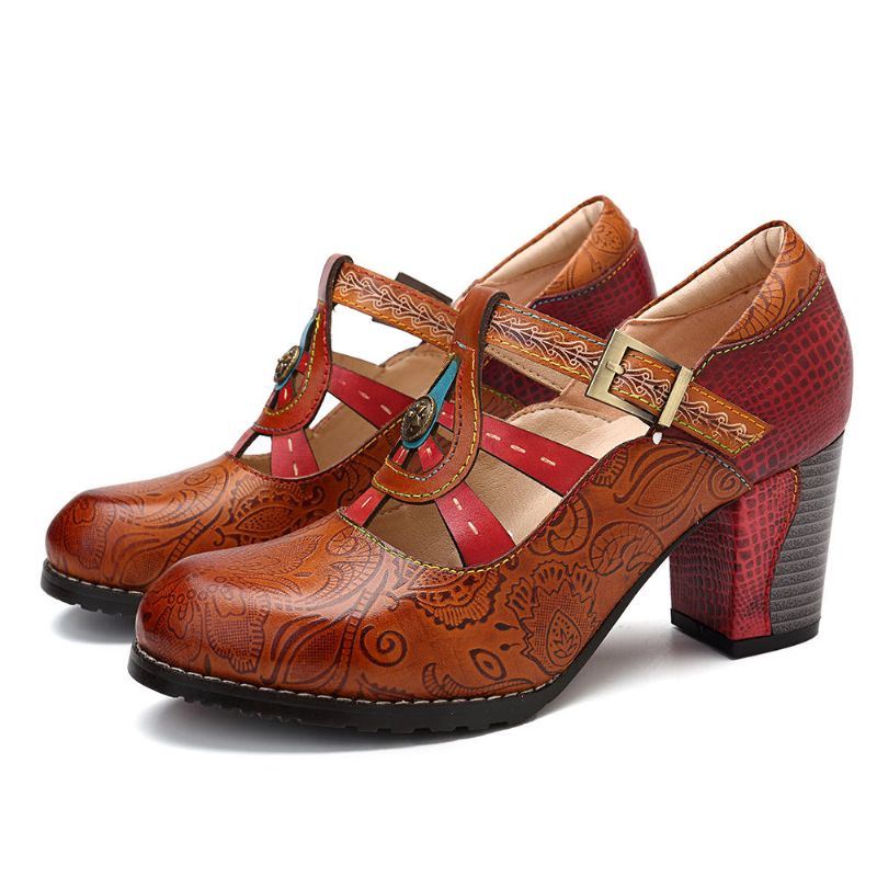 Vintage Uitgeholde Leren Pumps Met Dikke Hak Voor Dames