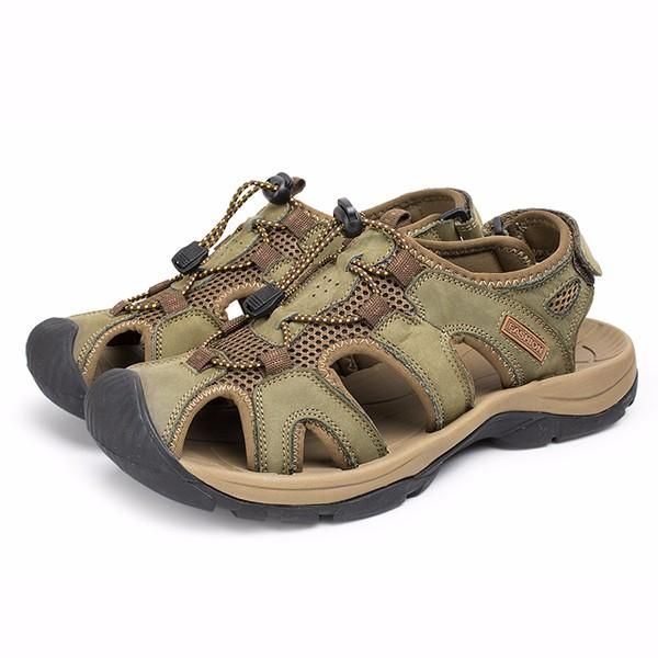 Big Size Heren Zomer Strand Sandalen Magic Stick Aanpassing Lederen Schoenen