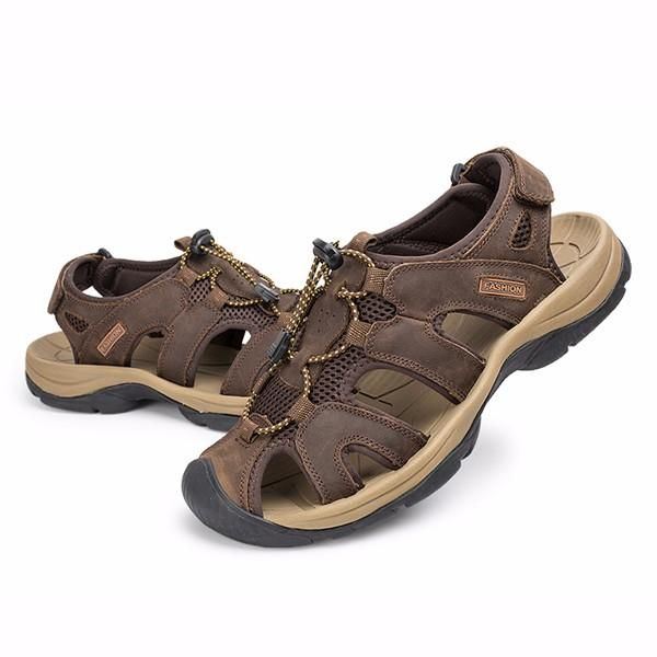 Big Size Heren Zomer Strand Sandalen Magic Stick Aanpassing Lederen Schoenen