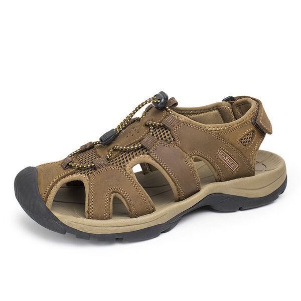 Big Size Heren Zomer Strand Sandalen Magic Stick Aanpassing Lederen Schoenen