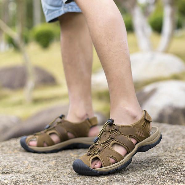 Big Size Heren Zomer Strand Sandalen Magic Stick Aanpassing Lederen Schoenen