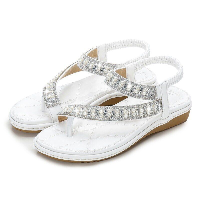 Boheemse Strass-slippers Voor Dames Met Zachte Onderkant Platte Platte Sandalen