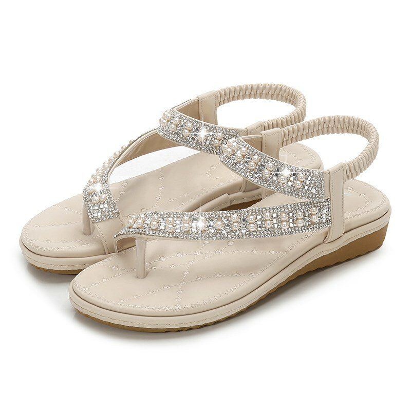 Boheemse Strass-slippers Voor Dames Met Zachte Onderkant Platte Platte Sandalen