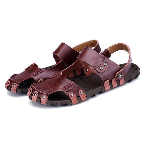 Comfortabele Heren Gesp Stiksels Hollow Outs Leren Sandalen