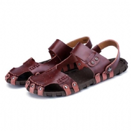 Comfortabele Heren Gesp Stiksels Hollow Outs Leren Sandalen