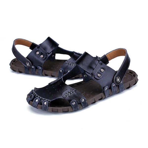 Comfortabele Heren Gesp Stiksels Hollow Outs Leren Sandalen