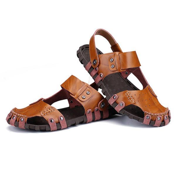 Comfortabele Heren Gesp Stiksels Hollow Outs Leren Sandalen