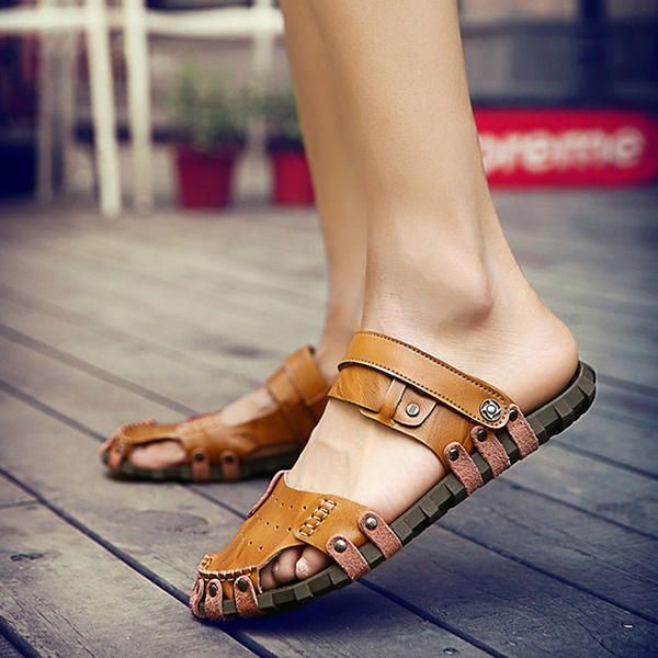 Comfortabele Heren Gesp Stiksels Hollow Outs Leren Sandalen