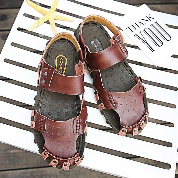 Comfortabele Heren Gesp Stiksels Hollow Outs Leren Sandalen