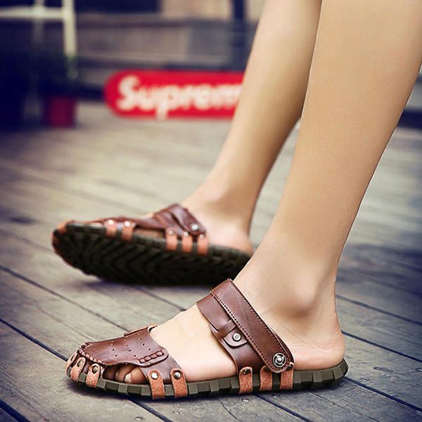 Comfortabele Heren Gesp Stiksels Hollow Outs Leren Sandalen