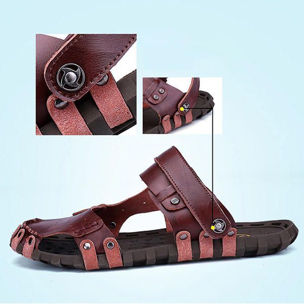 Comfortabele Heren Gesp Stiksels Hollow Outs Leren Sandalen