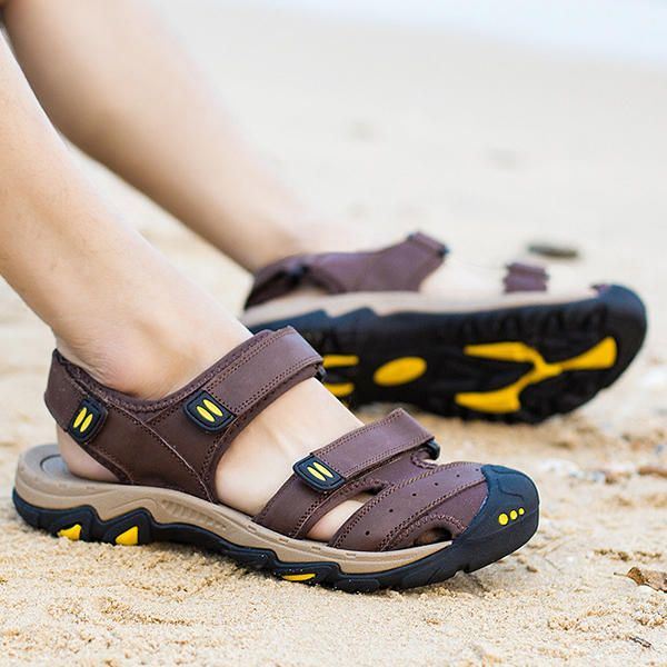 Comfortabele Lederen Ademende Sandalen Met Klittenband Voor Heren