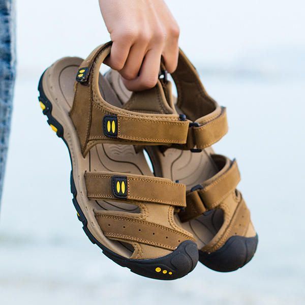 Comfortabele Lederen Ademende Sandalen Met Klittenband Voor Heren