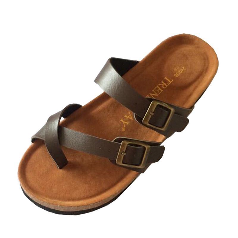 Comfortabele Strandslippers Met Dubbele Gesp Voor Dames Platte Kurken Sandalen