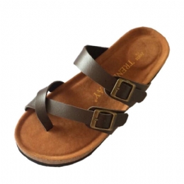 Comfortabele Strandslippers Met Dubbele Gesp Voor Dames Platte Kurken Sandalen