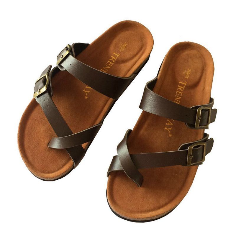 Comfortabele Strandslippers Met Dubbele Gesp Voor Dames Platte Kurken Sandalen