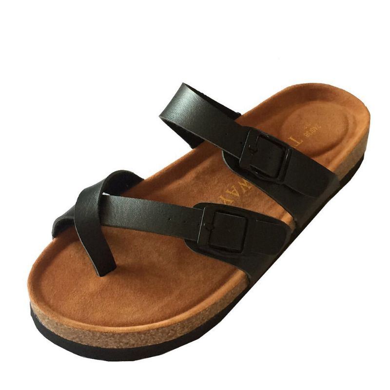 Comfortabele Strandslippers Met Dubbele Gesp Voor Dames Platte Kurken Sandalen