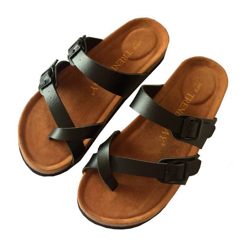 Comfortabele Strandslippers Met Dubbele Gesp Voor Dames Platte Kurken Sandalen